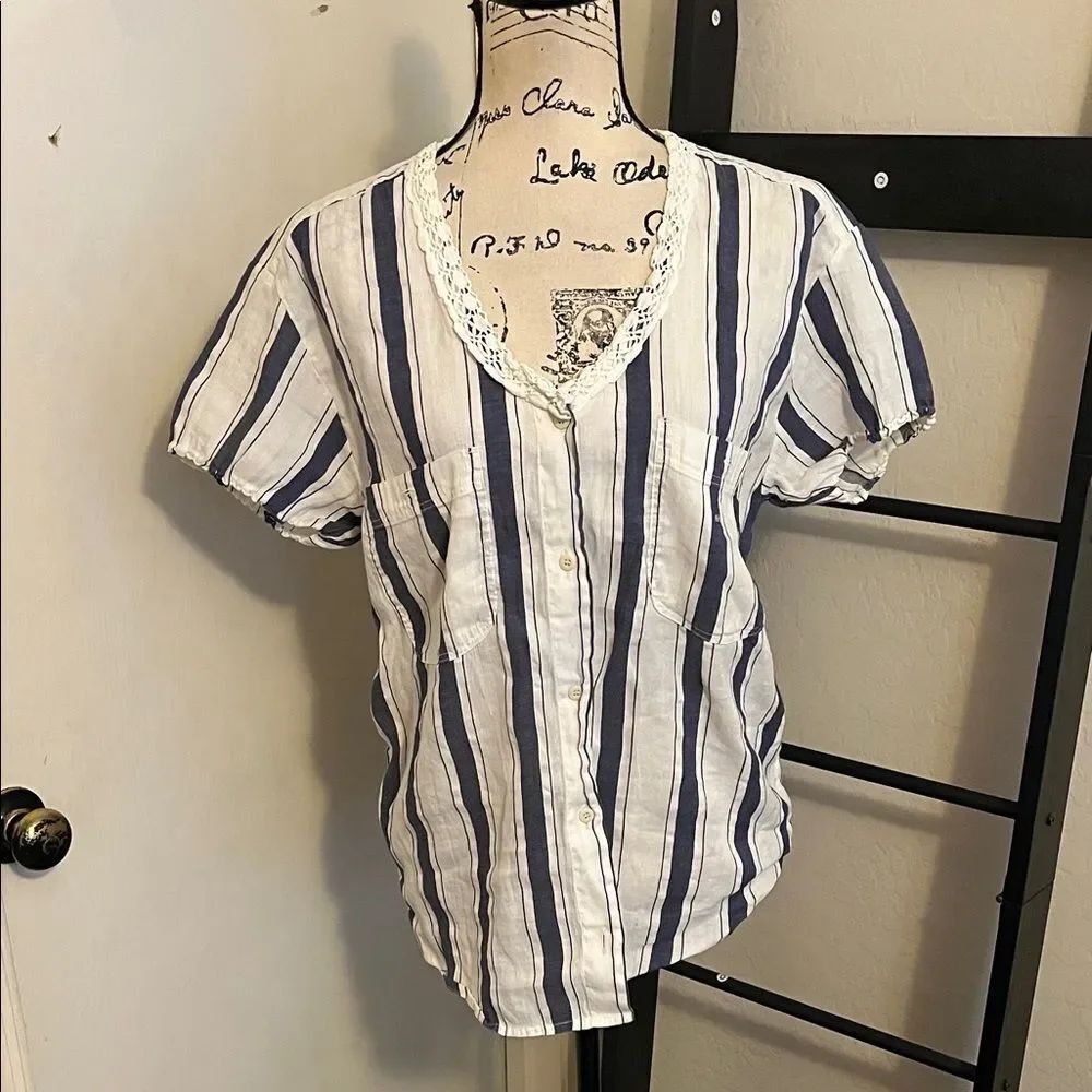 Armani Jeans Vintage Striped Button-Up Pockets Lace Trim Blouse